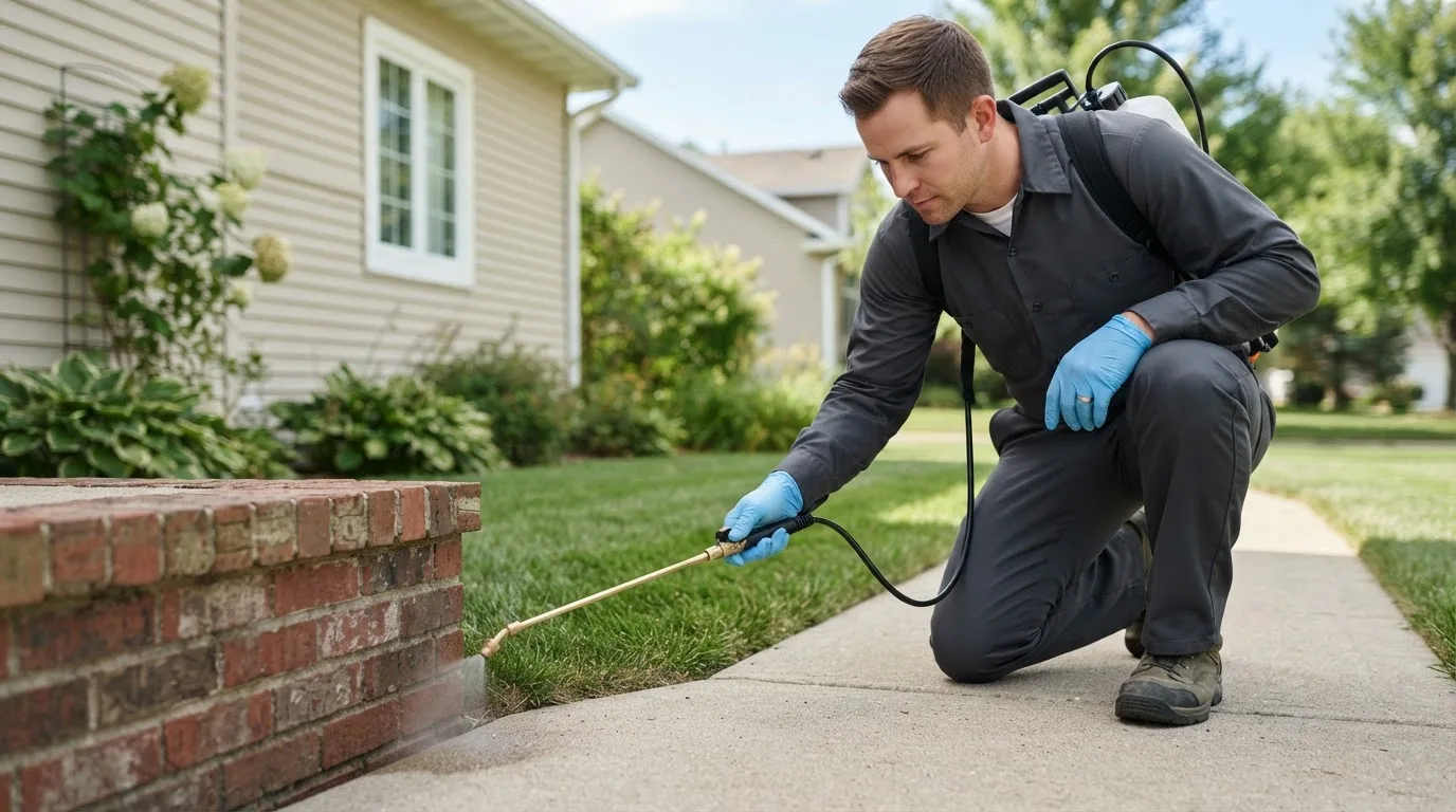 Pest control technician treating a home near Providence, RI